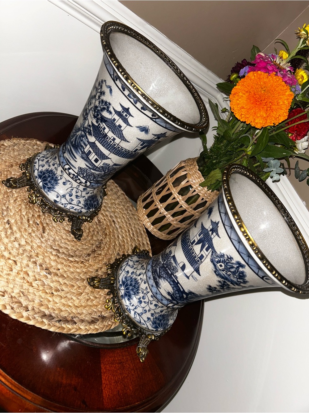 Pair of Vintage Blue and White Chinoiserie Vases with Brass Bases